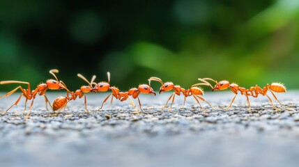 Fototapeta premium A close-up of several orange ants marching in a line on a textured surface.