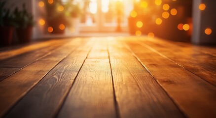 A close-up view of a beautiful wooden floor illuminated by soft sunlight in a cozy home