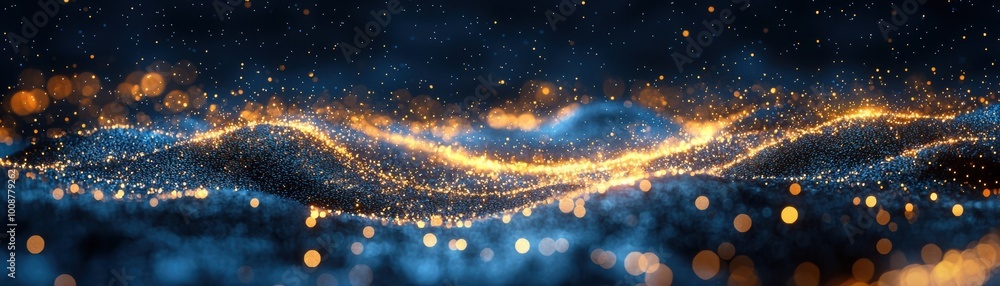 Poster a mesmerizing landscape of shimmering lights and waves, creating a captivating abstract scene of col