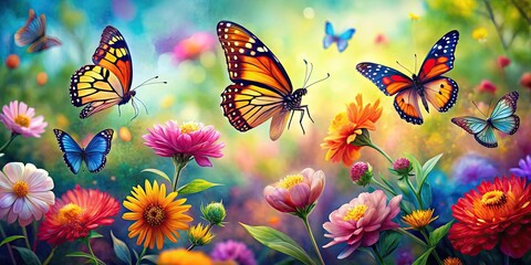 Vibrant Watercolor Painting of Butterflies in Flight Amidst a Colorful Floral Background Design