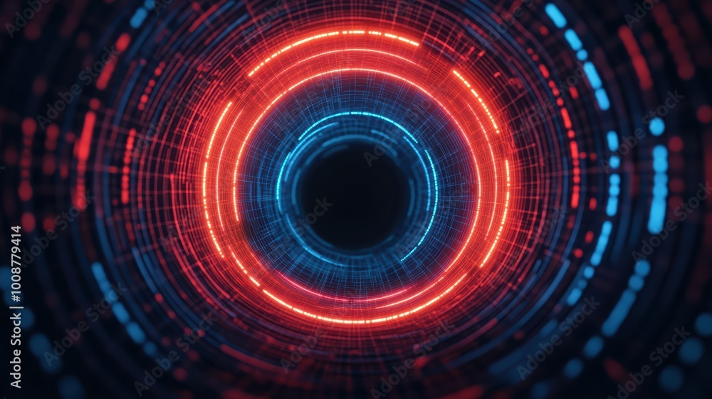 Poster a mesmerizing abstract digital tunnel illuminated by vibrant red and blue lights, creating a sense o