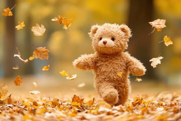 A cute teddy bear joyfully runs through a vibrant autumn landscape, surrounded by colorful falling leaves, capturing the essence of seasonal playfulness.