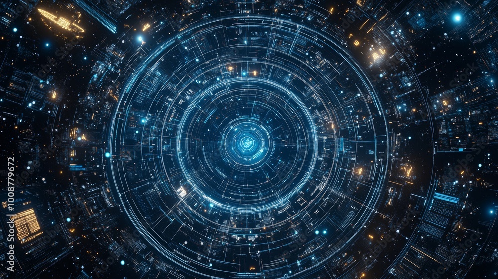 Poster sci-fi and cyberpunk wallpaper with futuristic concepts, circular hud interface hologram, and 3d ren