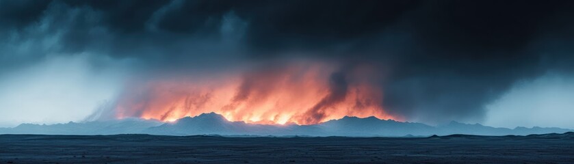Obraz premium A dramatic volcanic eruption illuminated by glowing lava against a dark sky, showcasing the power and beauty of nature in a striking landscape.