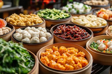 Delicious Chinese Steamed Dumplings in Bamboo Baskets