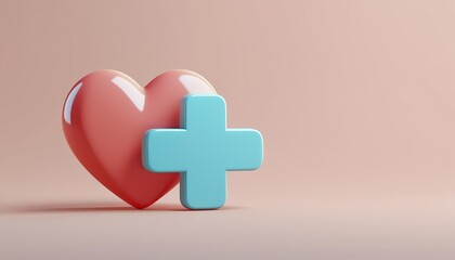 Obraz premium A 3D pink heart beside a blue medical cross symbol, set against a soft beige background, representing health and care.