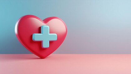 Obraz premium A vibrant heart symbol with a medical cross, set against a gradient background, representing health, care, and wellness.