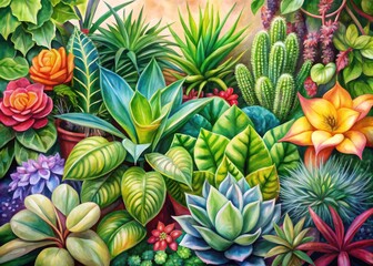 Fototapeta premium Vibrant Watercolor Painting of Various Plants Illustrating Nature's Beauty and Delicate Details