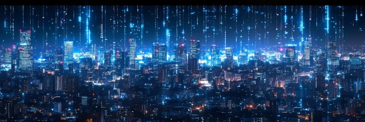 Data Streams Over Futuristic Cityscape at Night AI, Big Data, and Technological Innovation Concept