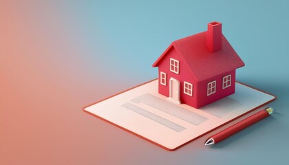 A vibrant red house model sits atop a document, signifying real estate, contracts, or home ownership, complemented by a pen for signing.