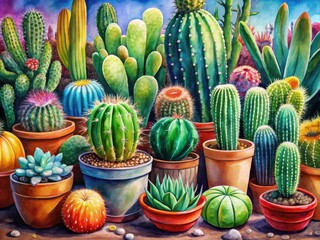 Fototapeta premium Vibrant Watercolor Paintings of Cacti in Various Shapes and Sizes for Artistic Inspiration and Decor