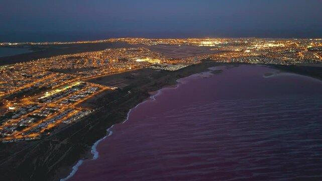 Aerial view of sunset in the salt flats of Torrevieja, Alicante province, Spain