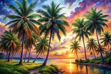 Obraz premium Vibrant Watercolor Paintings of Palm Trees Set Against Serene Backgrounds for Tropical Vibes