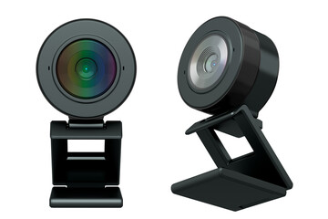Webcam staying on stand isolated on white background with clipping path. 3D rendering of security web camera for online video chat and conference