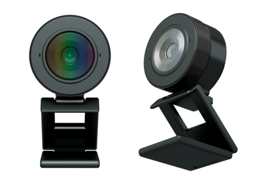 Webcam staying on stand isolated on white background with clipping path. 3D rendering of security web camera for online video chat and conference