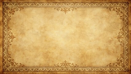 An aged parchment background with intricate, decorative, symmetrical, brown, floral borders and a textured, worn surface.