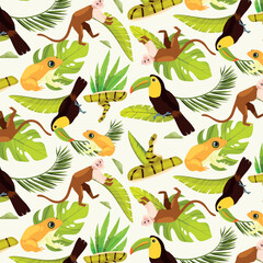 Fototapeta premium Tropical Animals and Foliage Pattern