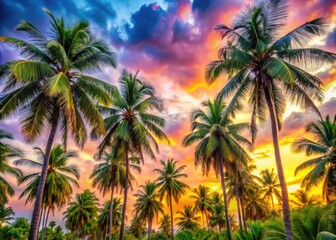 Vibrant Watercolor Palm Trees in Tropical Paradise with Lush Greenery and Dreamy Sky Backgrounds