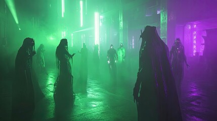 Obraz premium A foggy Halloween-themed concert in a neon-lit city, with guests in creepy futuristic costumes and glowing green lights on stage.