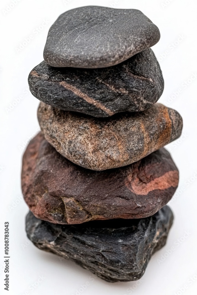 Poster a close-up view of a stack of uniquely shaped natural stones with various textures and colors, perfe