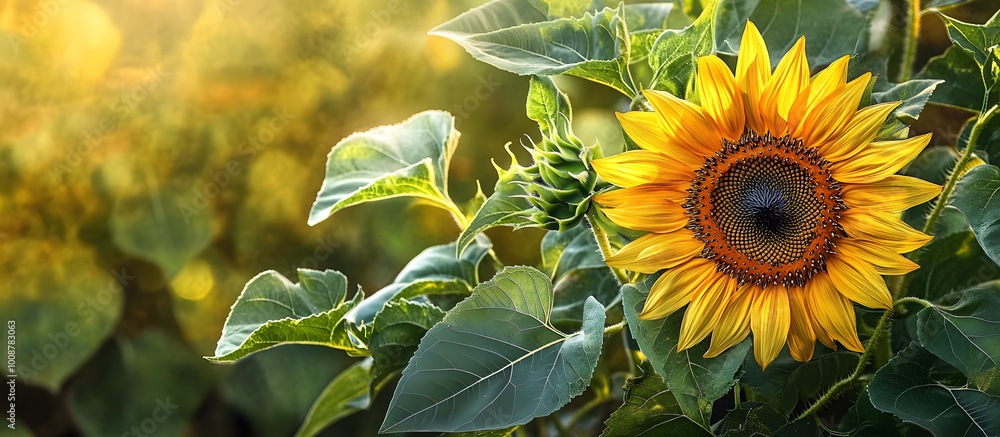 Wall mural A sunflower with green leaves in a beautiful nature setting perfect for use in presentations as a copy space image