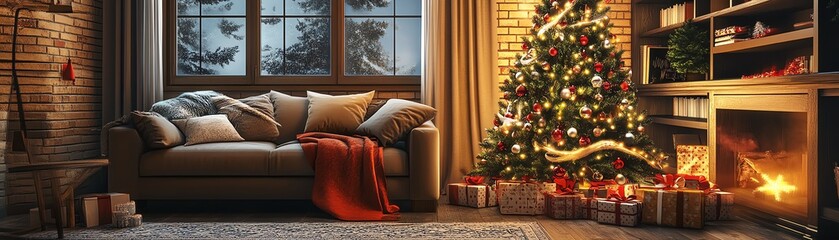 Cozy living room with fireplace and Christmas tree.