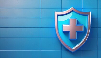A stylized blue shield with a white cross, representing health protection, set against a textured blue background.