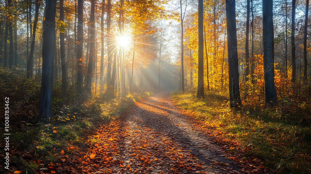 Canvas Prints sunlight streaming through autumn forest with a leaf-covered path. scenic nature photography of a fa
