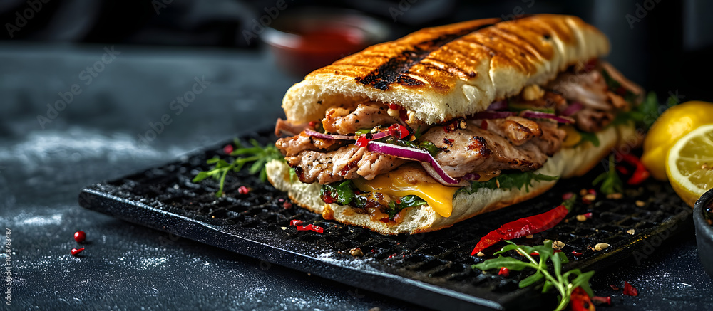 Poster turkish street food sandwich with cheese and meat served on a black griddle with a side of lemon cre