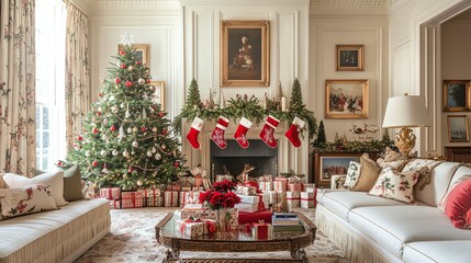 Elegant living room decorated for Christmas.