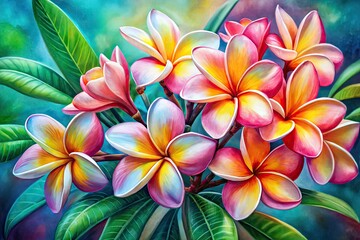Fototapeta premium Vibrant Watercolor Plumeria Flowers with Soft Pastel Background in Artistic Floral Design Style