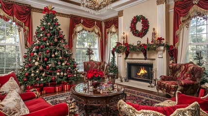 Obraz premium Festive living room with Christmas tree and fireplace.