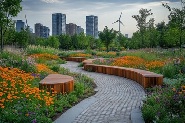 Urban Oasis: Vibrant Flowers and Wind Turbines in Serene City Park