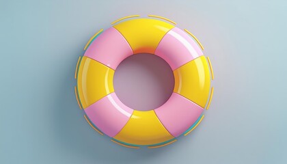 Obraz premium A vibrant life ring featuring pink and yellow segments, ideal for beach or pool safety, resting on a light blue background.