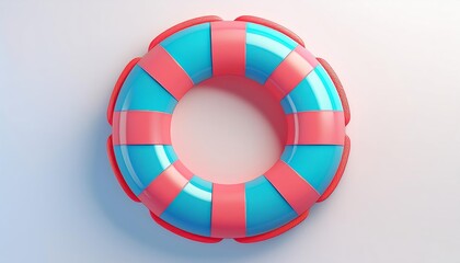 Obraz premium A vibrant lifebuoy with blue and pink stripes, symbolizing safety and rescue, floating against a light background.