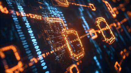 A futuristic digital interface displaying blockchain icons interconnected with lines, symbolizing a new economic framework with a network of data and technology 