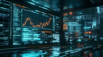 A holographic display of financial charts showing a sharp price reduction, set against a dark digital background with futuristic business icons and data streams 