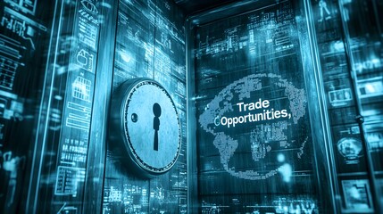 A locked vault labeled "Trade Opportunities," surrounded by various political symbols, illustrating the concept of restricted trade and the consequences of economic isolation on global markets 