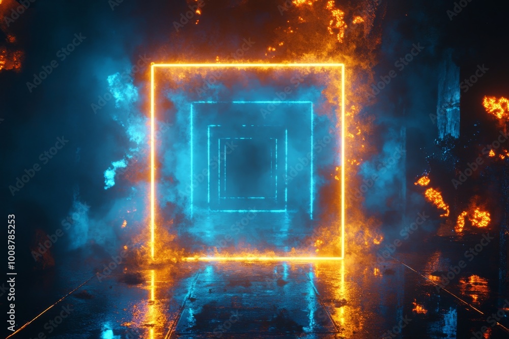Poster three-dimensional rendering of glowing round lines in the dark round room.