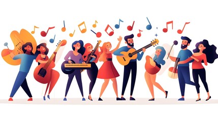 Colorful celebration of music with smiling individuals and instruments.