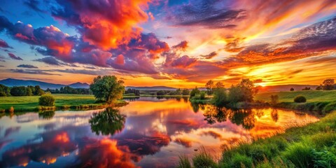 Vibrant Watercolor Sunset Over Tranquil Landscape with Rich Hues and Soft Blending Techniques