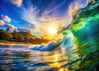 Vibrant Watercolor Surf Scene with Waves, Sunshine, and Coastal Elements Capturing Ocean Energy