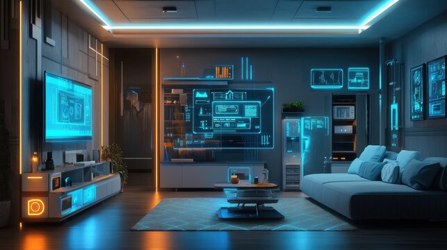 Futuristic Living Room with Glowing Technology