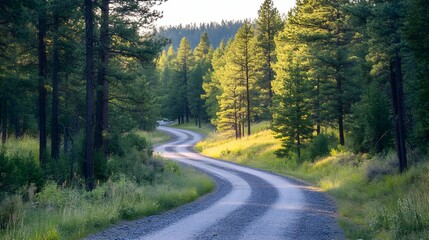 Obraz premium A winding gravel road cutting through a dense pine forest under the soft morning light, surrounded by tall evergreen trees 