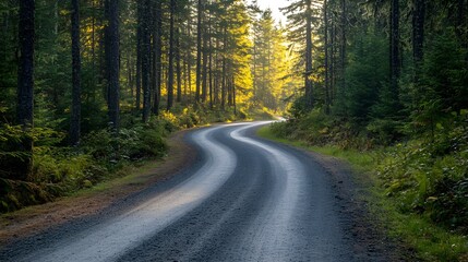 Obraz premium A winding gravel road cutting through a dense pine forest under the soft morning light, surrounded by tall evergreen trees 