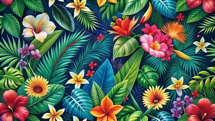 A vibrant tapestry of lush greenery and blooming flowers, interwoven with intricate details and rich colors, creating a sense of abundance and natural beauty.