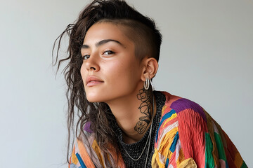 A non binary person with unique hairstyle and colorful clothing, showcasing blend of masculine and feminine styles. Their confident expression and body art add to their individuality