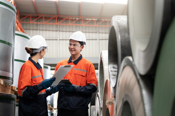 Two workers in orange and black safety gear are talking to each other. One of them is holding a clipboard