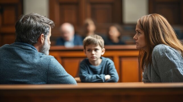 In a crowded courtroom, parents intensely argue about child custody while their young son, visibly anxious, sits between them, absorbing the tension of the situation