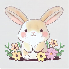 Fototapeta premium Adorable bunny with flowers in a watercolor illustration evokes a sense of charm and innocence